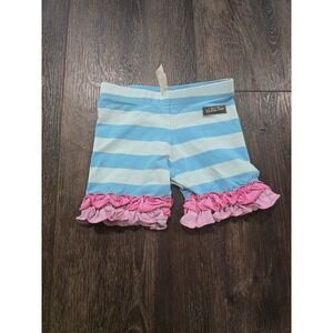 Matilda Jane Girls Blue Striped Ruffle Shorts Size 4 Pink Trim Cotton Blend